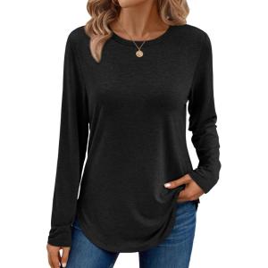 imageAUTOMET Long Sleeve Shirts for Women Casual Tops Loose Tunic Fashion 2025 Fall Crewneck Basic TeeBlack