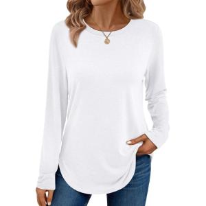 imageAUTOMET Long Sleeve Shirts for Women Casual Tops Loose Tunic Fashion 2025 Fall Crewneck Basic TeeWhite