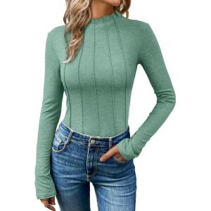 imageAUTOMET Pleated Long Sleeve Shirts Womens Lettuce Trim Mock Neck Blouses Casual Slim Fit TopsGreen