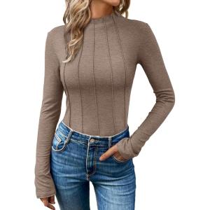 imageAUTOMET Pleated Long Sleeve Shirts Womens Lettuce Trim Mock Neck Blouses Casual Slim Fit TopsKhaki