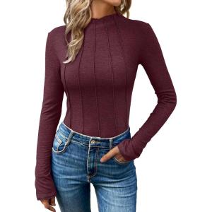 imageAUTOMET Pleated Long Sleeve Shirts Womens Lettuce Trim Mock Neck Blouses Casual Slim Fit TopsWine Red