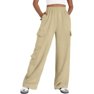 imageAUTOMET Womens Cargo Sweatpants Wide Leg Fleece Lined Y2k Pants Fall Winter Baggy Joggers with PocketsApricot