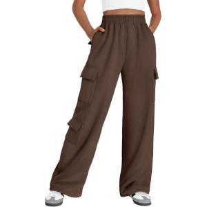 imageAUTOMET Womens Cargo Sweatpants Wide Leg Fleece Lined Y2k Pants Fall Winter Baggy Joggers with PocketsCoffee