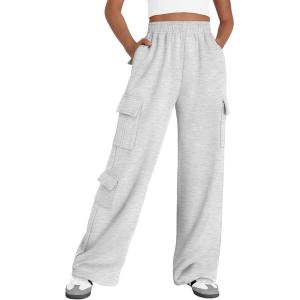 imageAUTOMET Womens Cargo Sweatpants Wide Leg Fleece Lined Y2k Pants Fall Winter Baggy Joggers with PocketsGrey