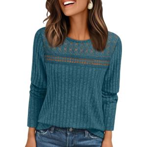 imageAUTOMET Womens Lace Long Sleeve Shirt Fall Top Fashion Dreesy Casual Tunic Sweaters Mesh Clothes Trendy Work Cute OutfitsTeal
