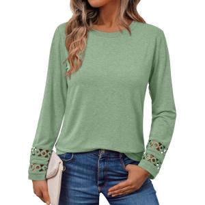 imageAUTOMET Womens Long Sleeve Fall Fashion Tops Ladies Casual Crewneck Loose Fit Outfits Lightweight Shirts Eyelet Tee 2025Lightgreen
