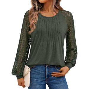imageAUTOMET Womens Long Sleeve Shirts Business Casual Dressy Tops Lace Crewneck Work Trendy Fall Fashion Outfits ClothesArmygreen