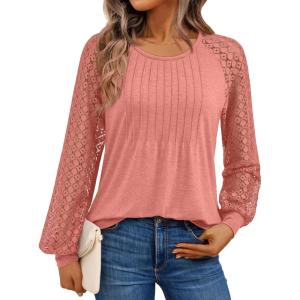 imageAUTOMET Womens Long Sleeve Shirts Business Casual Dressy Tops Lace Crewneck Work Trendy Fall Fashion Outfits ClothesCoral