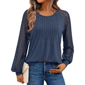 imageAUTOMET Womens Long Sleeve Shirts Business Casual Dressy Tops Lace Crewneck Work Trendy Fall Fashion Outfits ClothesDarkblue