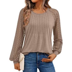 imageAUTOMET Womens Long Sleeve Shirts Business Casual Dressy Tops Lace Crewneck Work Trendy Fall Fashion Outfits ClothesKhaki