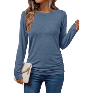 imageAUTOMET Womens Long Sleeve Shirts Business Casual Tops Ruched Fall Trendy Tshirt 2025Blue