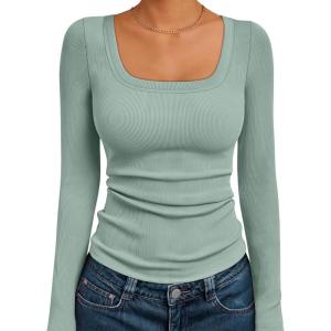 imageAUTOMET Womens Long Sleeve Shirts Square Neck Tops Ribbed Knit Basic Teen Girls Crop Tops Fall Outfits Fashion Clothes 2025Sagegreen