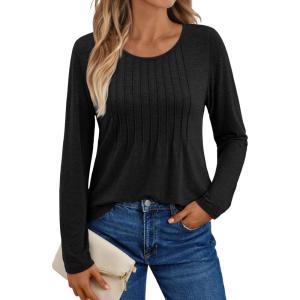 imageAUTOMET Womens Long Sleeve Tops Business Casual Crewneck Pleated Shirts Fall Fashion 2025 Blouses Trendy Basic Loose OutfitsBlack