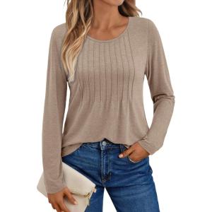 imageAUTOMET Womens Long Sleeve Tops Business Casual Crewneck Pleated Shirts Fall Fashion 2025 Blouses Trendy Basic Loose OutfitsKhaki