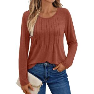 imageAUTOMET Womens Long Sleeve Tops Business Casual Crewneck Pleated Shirts Fall Fashion 2025 Blouses Trendy Basic Loose OutfitsMaple