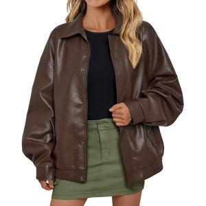imageAUTOMET Womens Oversized Leather Jackets Faux Suede 2025 Fall Zip Up Motorcycle Coats Blazer Jackets for Women OutfitsBrown