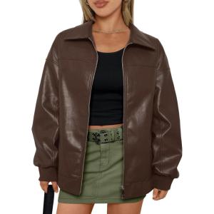 imageAUTOMET Womens Oversized Leather Jackets Zip Up Coats Faux Motorcycle Bomber Outfits Fall Trendy Fashion Winter Clothes 2025Brown