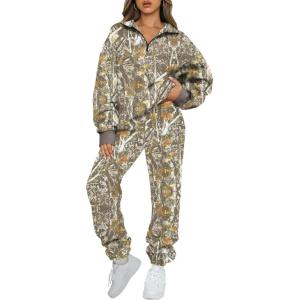 imageAUTOMET Womens Sweatsuits 2 Piece Outfits Lounge Sets Long Sleeve Half Zip Pullover and Baggy Sweatpants with PocketsCamoyellow