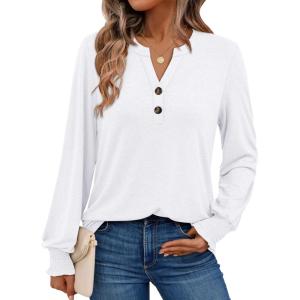 imageAUTOMET Long Sleeve Shirts Womens Tops Henley Dressy Casual Blouses Fall Outfits 2025 Trendy Loose Fit Comfy Winter ClothesWhite
