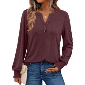 imageAUTOMET Long Sleeve Shirts Womens Tops Henley Dressy Casual Blouses Fall Outfits 2025 Trendy Loose Fit Comfy Winter ClothesWine Red
