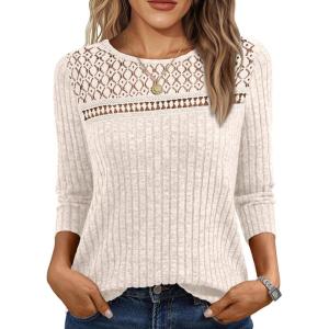 imageAUTOMET Womens 34 Length Sleeve Tops Fall Fashion 2025 Lace Work Tunic Blouses Dressy Casual Shirts Sweater Clothes OutfitsApricot