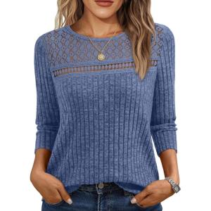 imageAUTOMET Womens 34 Length Sleeve Tops Fall Fashion 2025 Lace Work Tunic Blouses Dressy Casual Shirts Sweater Clothes OutfitsBlue