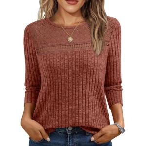 imageAUTOMET Womens 34 Length Sleeve Tops Fall Fashion 2025 Lace Work Tunic Blouses Dressy Casual Shirts Sweater Clothes OutfitsCaramel