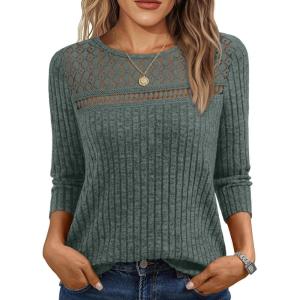 imageAUTOMET Womens 34 Length Sleeve Tops Fall Fashion 2025 Lace Work Tunic Blouses Dressy Casual Shirts Sweater Clothes OutfitsGreen