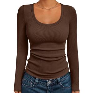 imageAUTOMET Womens Long Sleeve Shirts Ribbed Knit Tops Scoop Neck Fall TopsBrown