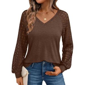 imageAUTOMET Womens Long Sleeve Shirts VNeck Lace Tops Business Casual Blouses Tee Trendy 2025 Fall Fashion Outfits ClothesBrown