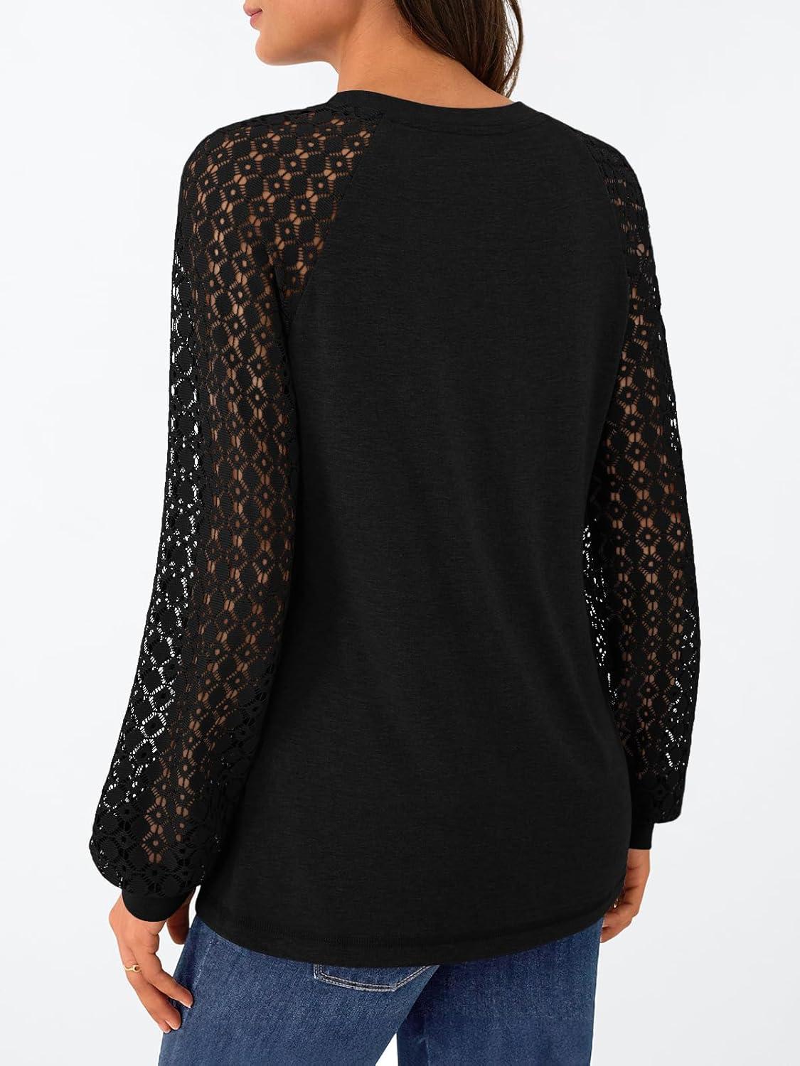 imageAUTOMET Womens Business Casual Dressy Tops Long Sleeve Lace Blouses Fall Fashion Outfits Shirts 2025 Crewneck Loose ClothesBlack