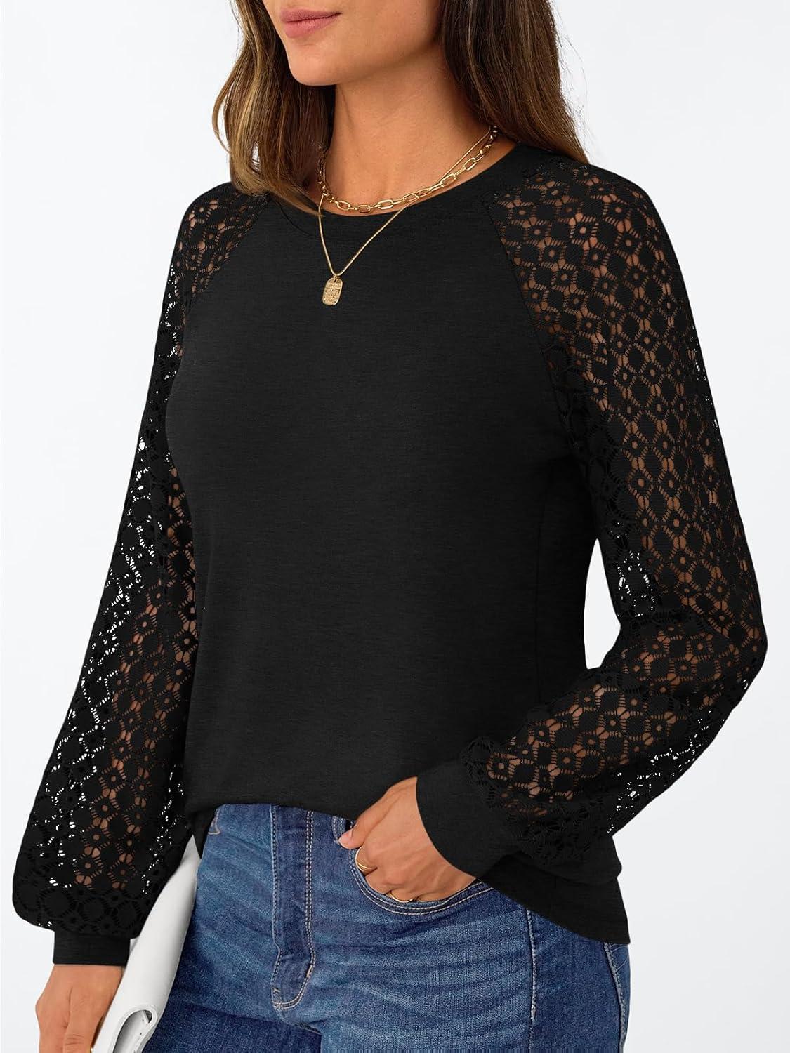 imageAUTOMET Womens Business Casual Dressy Tops Long Sleeve Lace Blouses Fall Fashion Outfits Shirts 2025 Crewneck Loose ClothesBlack