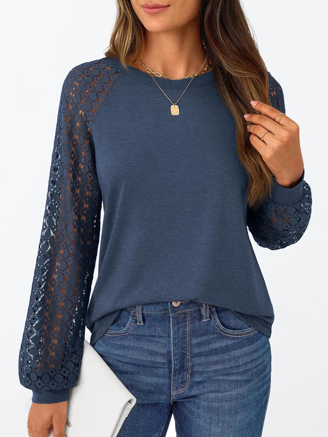 imageAUTOMET Womens Business Casual Dressy Tops Long Sleeve Lace Blouses Fall Fashion Outfits Shirts 2025 Crewneck Loose ClothesDarkblue