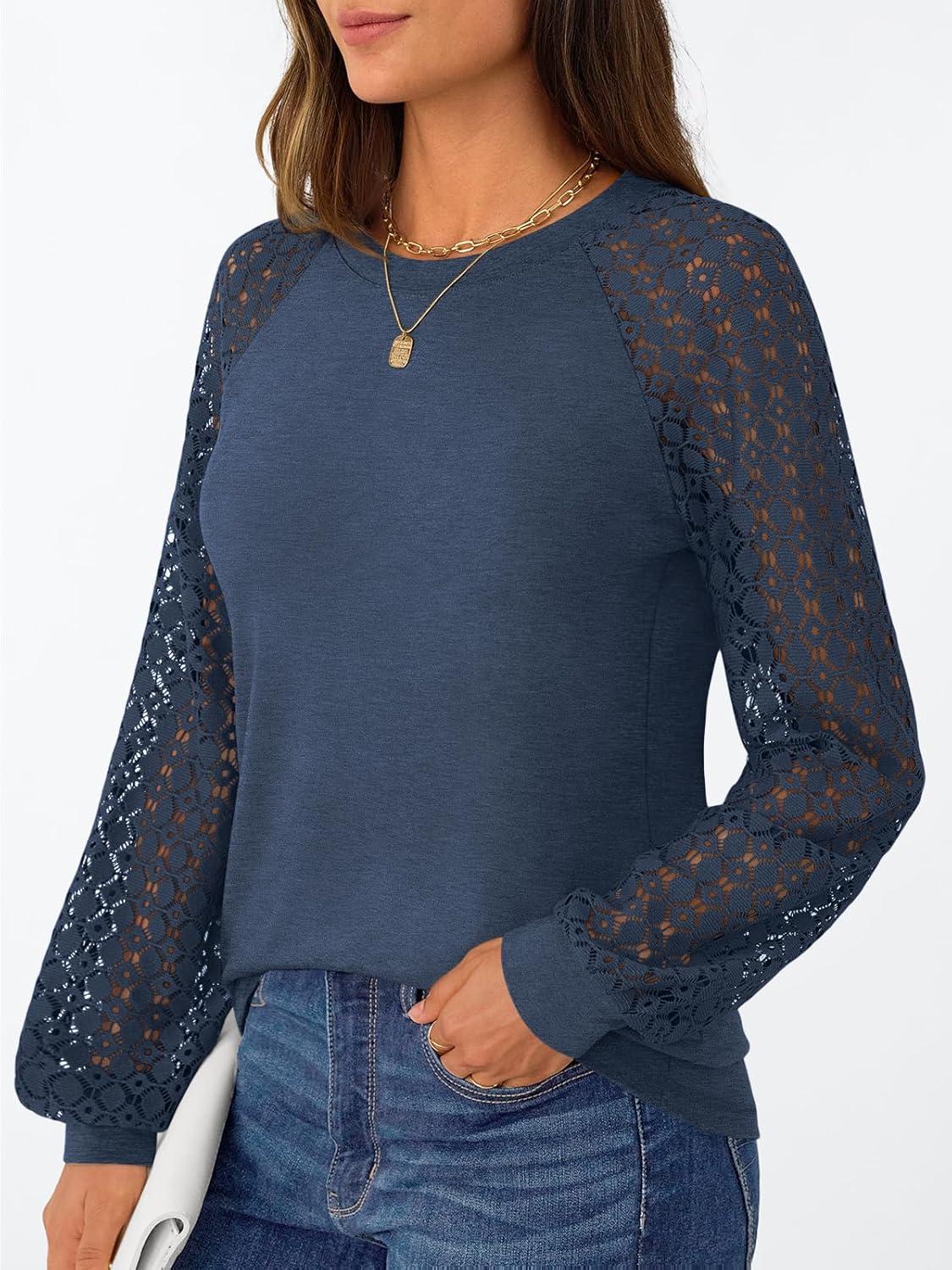 imageAUTOMET Womens Business Casual Dressy Tops Long Sleeve Lace Blouses Fall Fashion Outfits Shirts 2025 Crewneck Loose ClothesDarkblue