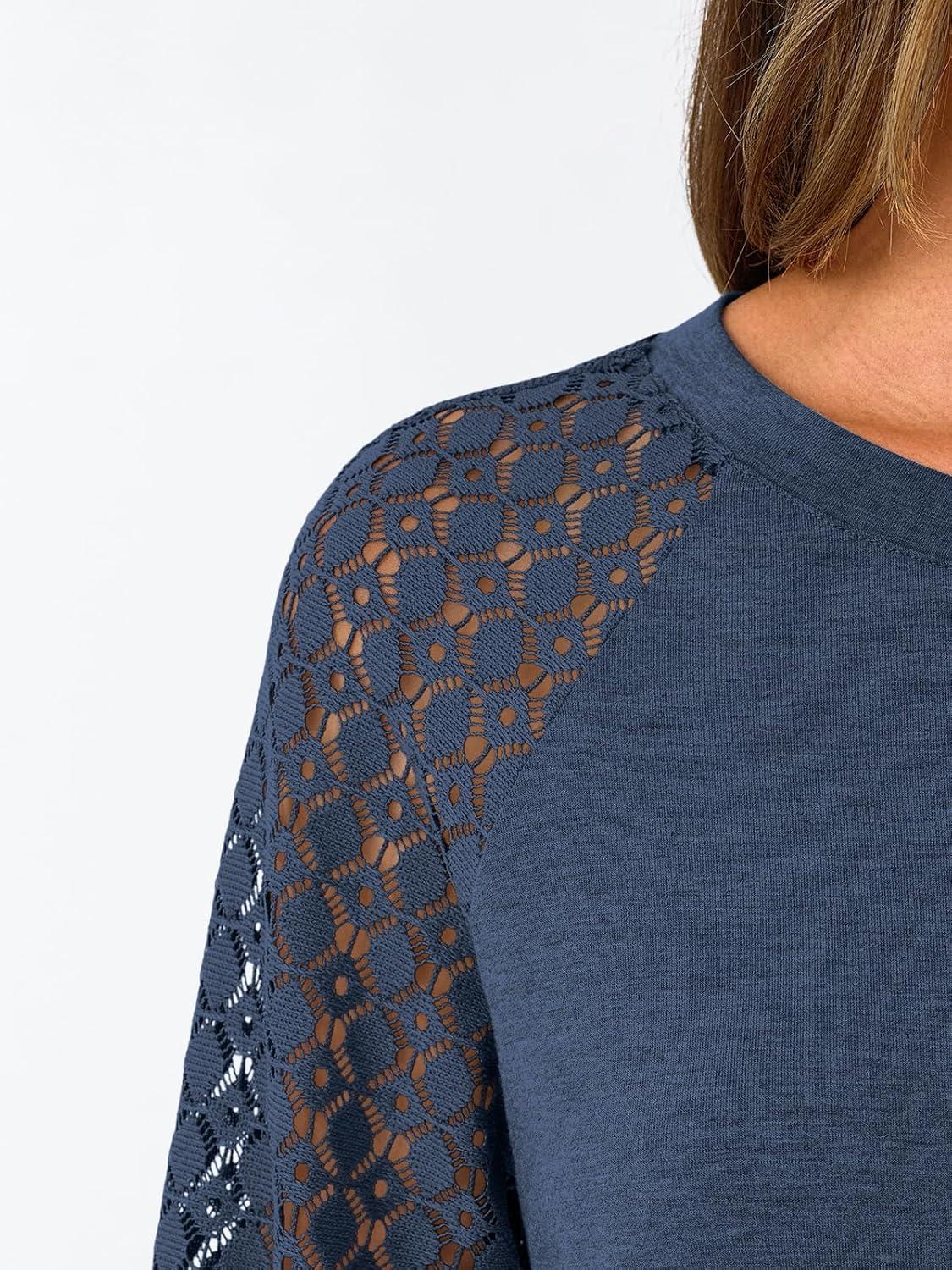 imageAUTOMET Womens Business Casual Dressy Tops Long Sleeve Lace Blouses Fall Fashion Outfits Shirts 2025 Crewneck Loose ClothesDarkblue