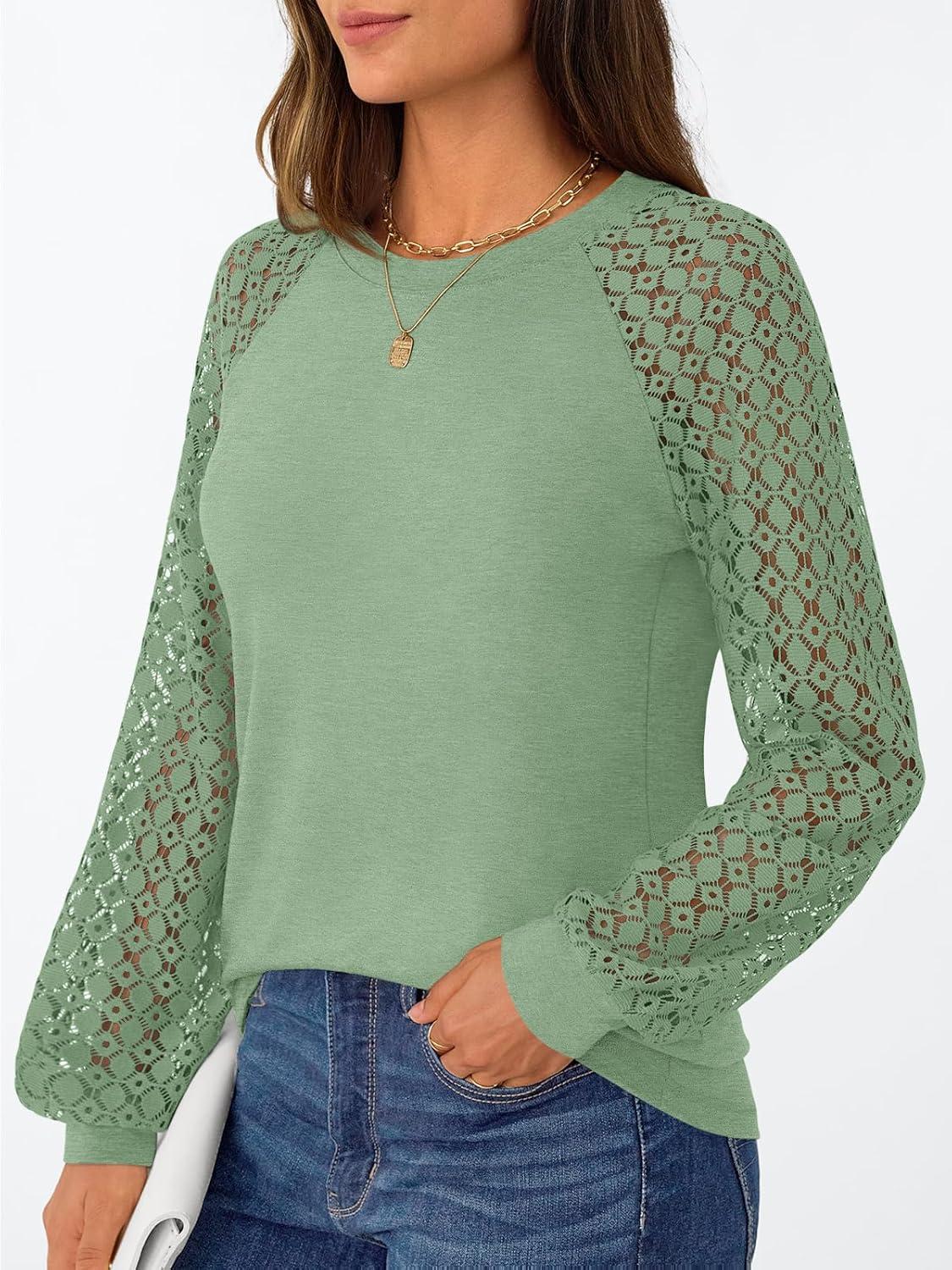 imageAUTOMET Womens Business Casual Dressy Tops Long Sleeve Lace Blouses Fall Fashion Outfits Shirts 2025 Crewneck Loose ClothesGreen