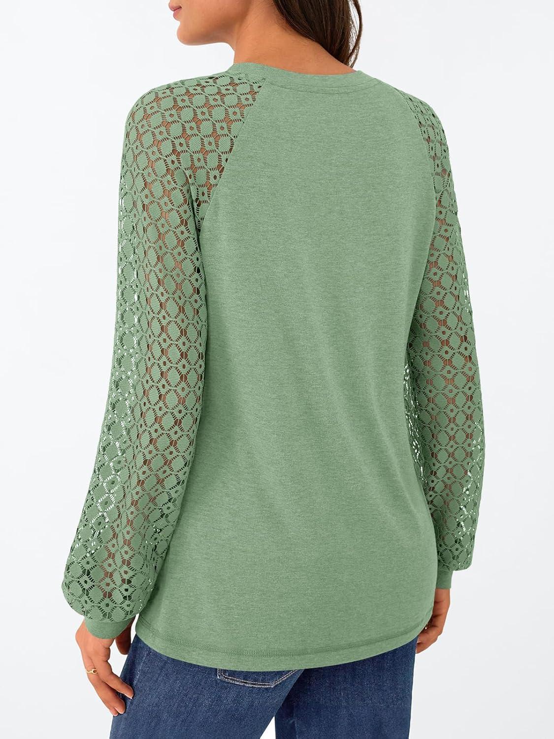 imageAUTOMET Womens Business Casual Dressy Tops Long Sleeve Lace Blouses Fall Fashion Outfits Shirts 2025 Crewneck Loose ClothesGreen
