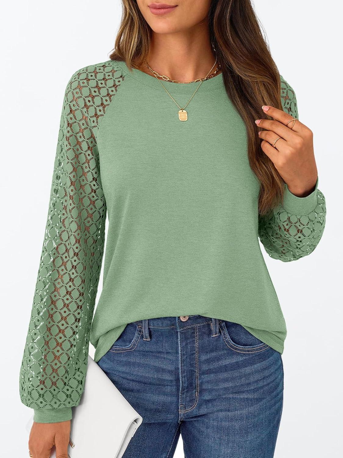 imageAUTOMET Womens Business Casual Dressy Tops Long Sleeve Lace Blouses Fall Fashion Outfits Shirts 2025 Crewneck Loose ClothesGreen