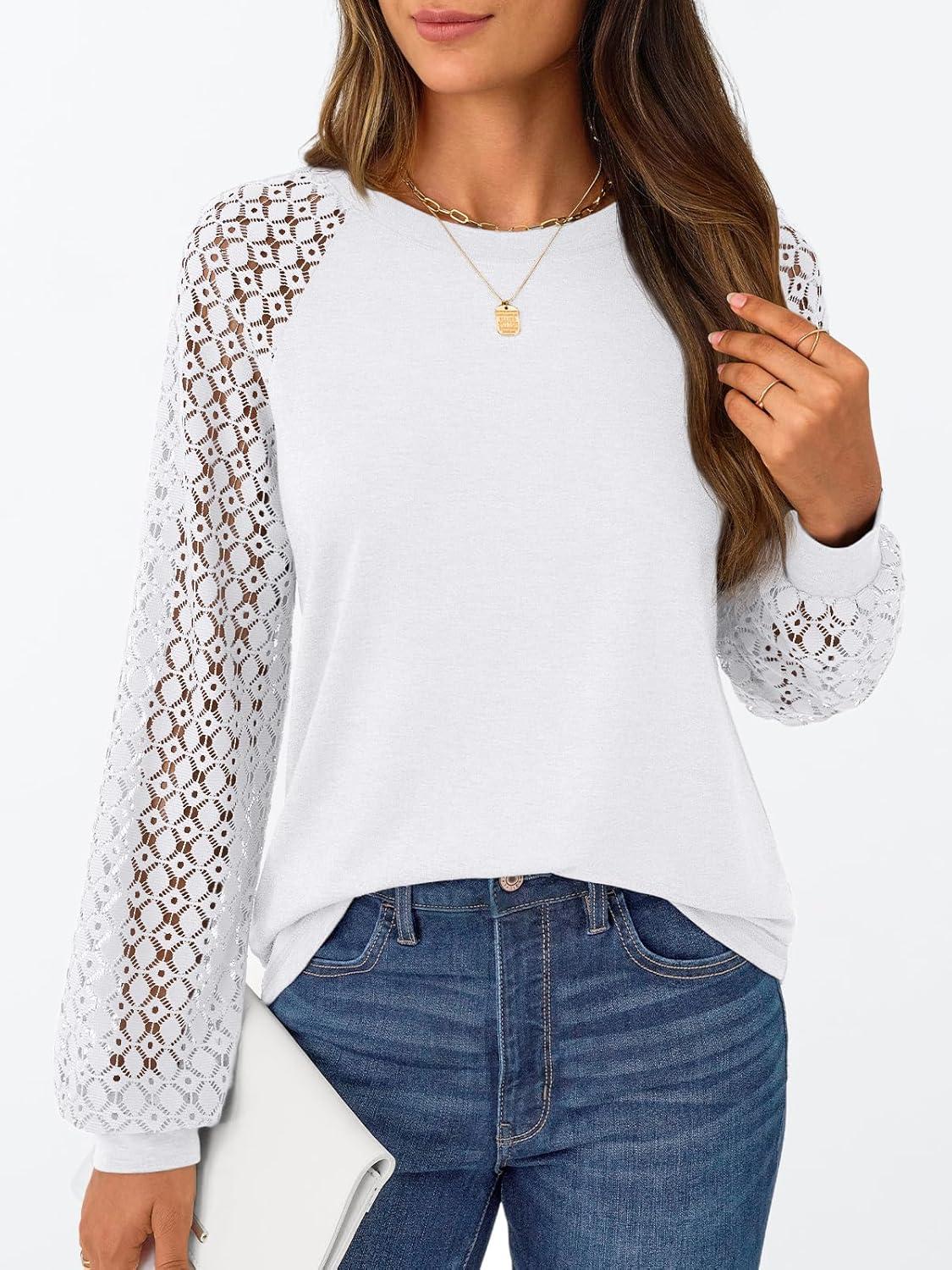 imageAUTOMET Womens Business Casual Dressy Tops Long Sleeve Lace Blouses Fall Fashion Outfits Shirts 2025 Crewneck Loose ClothesWhite