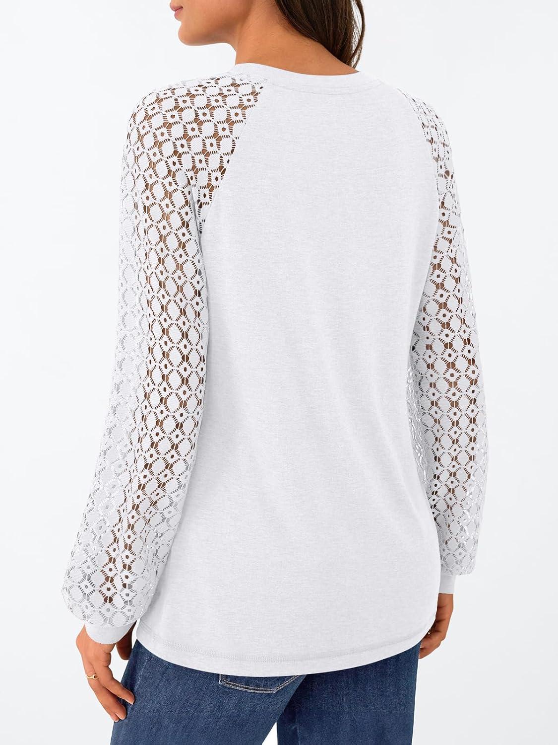 imageAUTOMET Womens Business Casual Dressy Tops Long Sleeve Lace Blouses Fall Fashion Outfits Shirts 2025 Crewneck Loose ClothesWhite
