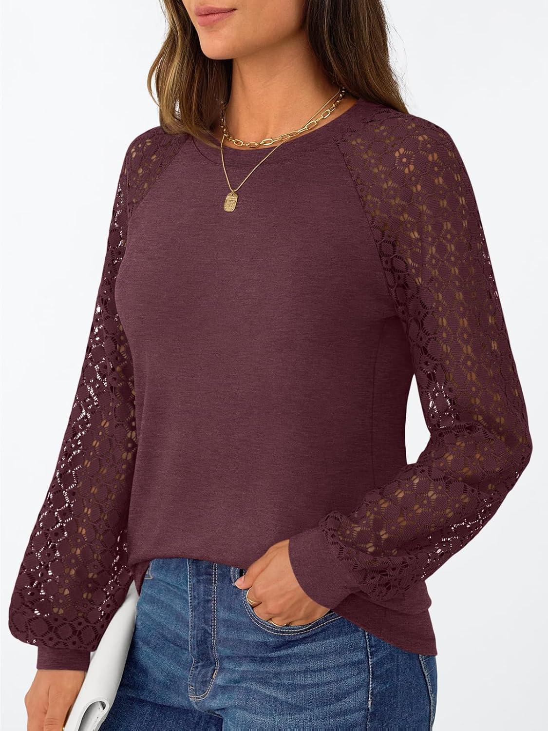 imageAUTOMET Womens Business Casual Dressy Tops Long Sleeve Lace Blouses Fall Fashion Outfits Shirts 2025 Crewneck Loose ClothesWinered