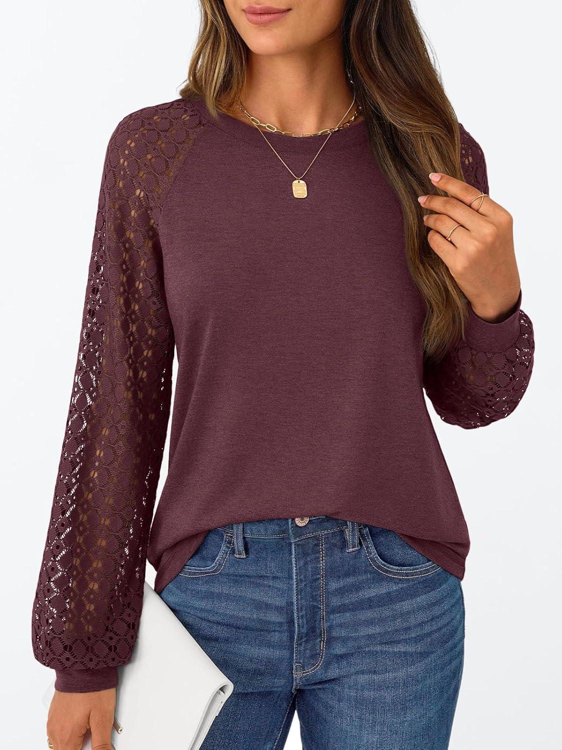 imageAUTOMET Womens Business Casual Dressy Tops Long Sleeve Lace Blouses Fall Fashion Outfits Shirts 2025 Crewneck Loose ClothesWinered