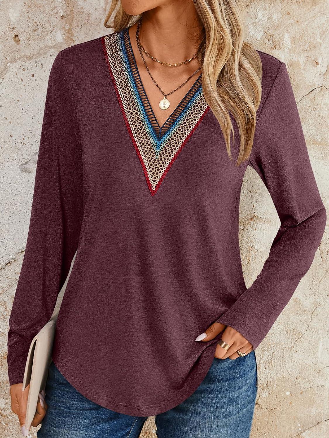 imageAUTOMET Womens Long Sleeve Tops Lace V Neck Shirts Casual Boho Top Fall Fashion Blouses 2025 Trendy Soft Basic ClothesWinered