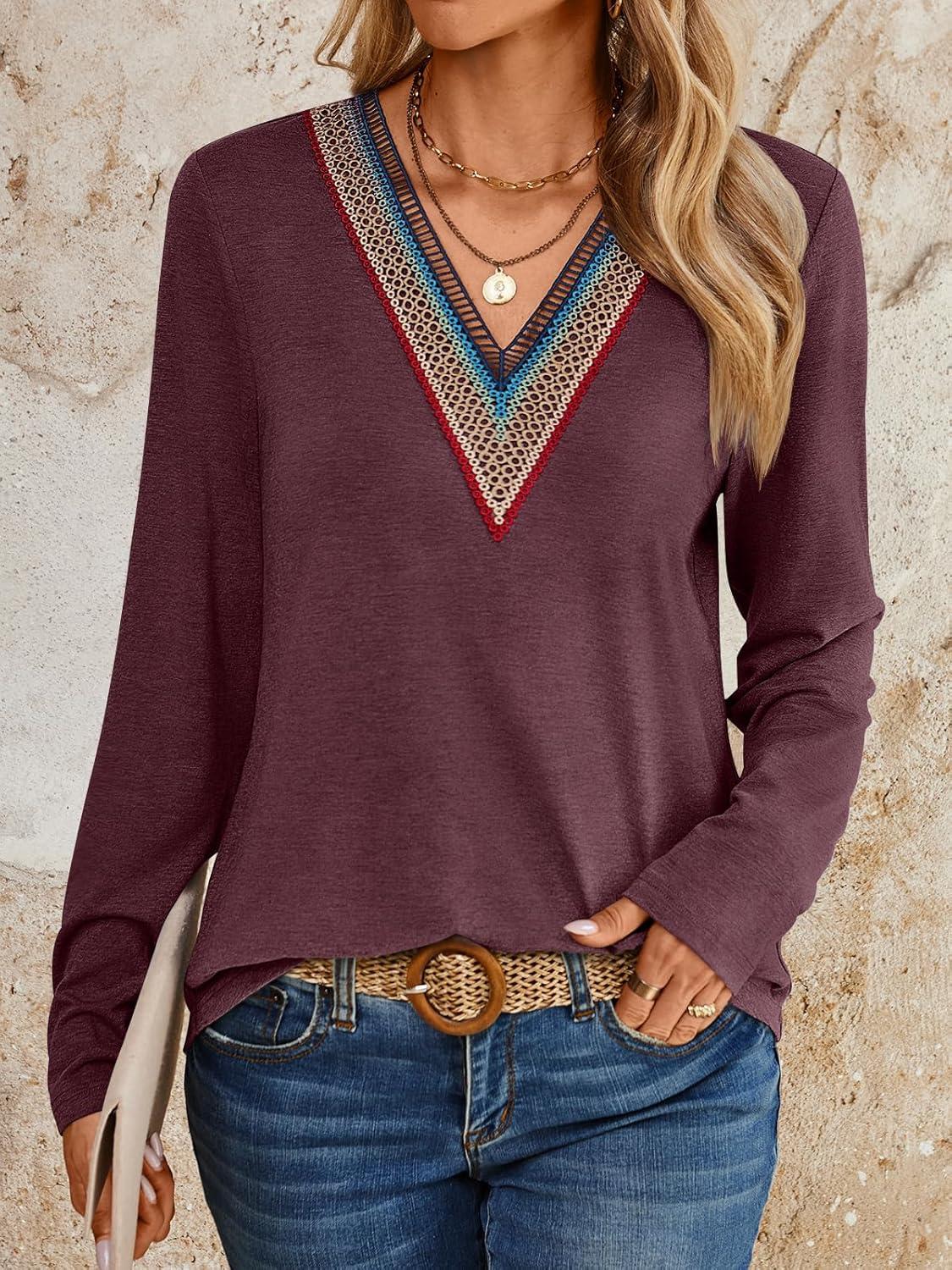 imageAUTOMET Womens Long Sleeve Tops Lace V Neck Shirts Casual Boho Top Fall Fashion Blouses 2025 Trendy Soft Basic ClothesWinered