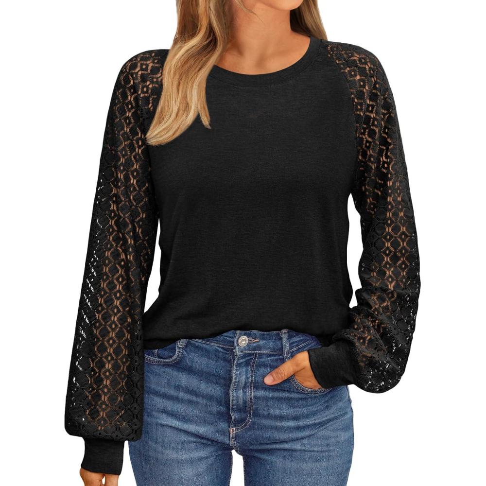 imageAUTOMET Womens Business Casual Dressy Tops Long Sleeve Lace Blouses Fall Fashion Outfits Shirts 2025 Crewneck Loose ClothesBlack