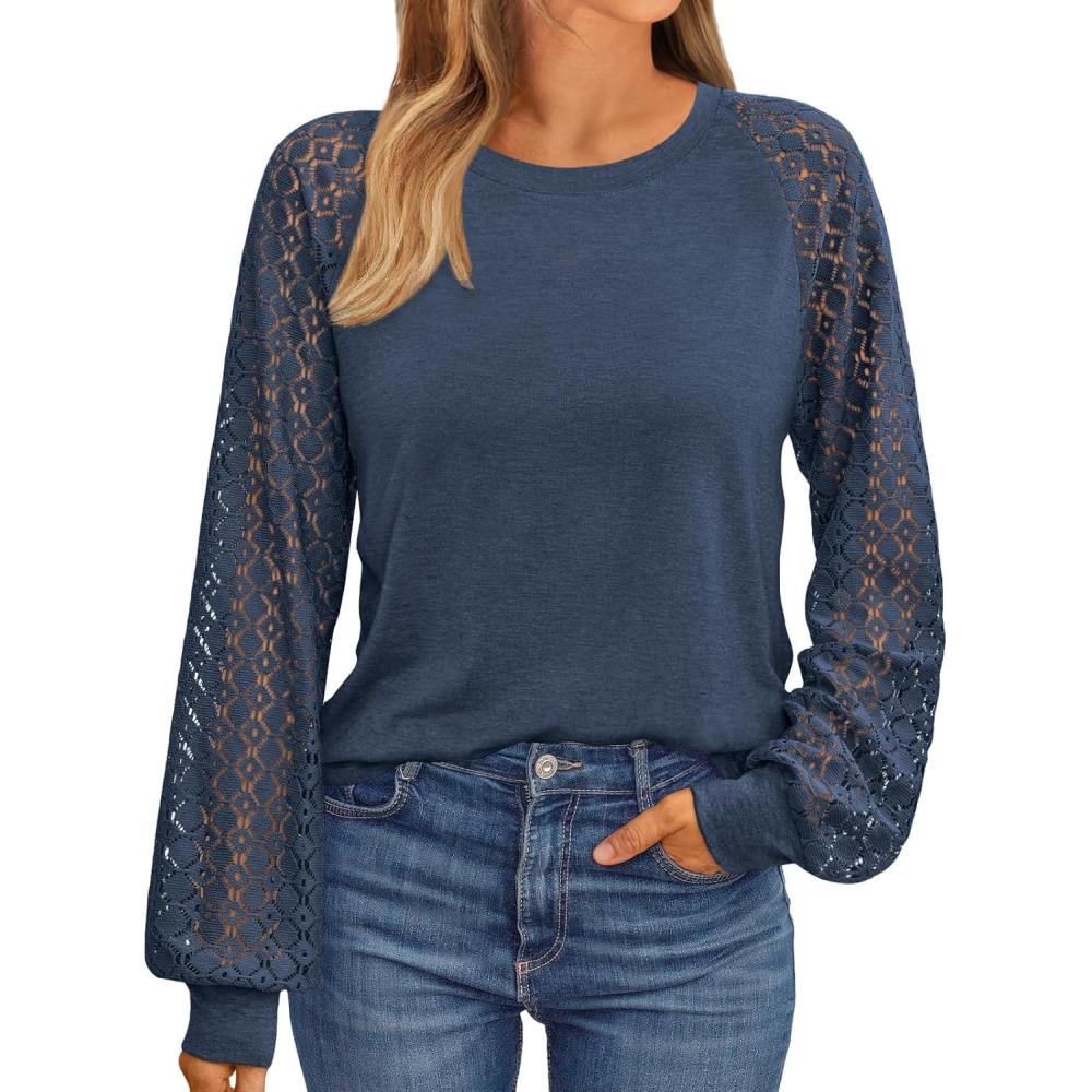 imageAUTOMET Womens Business Casual Dressy Tops Long Sleeve Lace Blouses Fall Fashion Outfits Shirts 2025 Crewneck Loose ClothesDarkblue