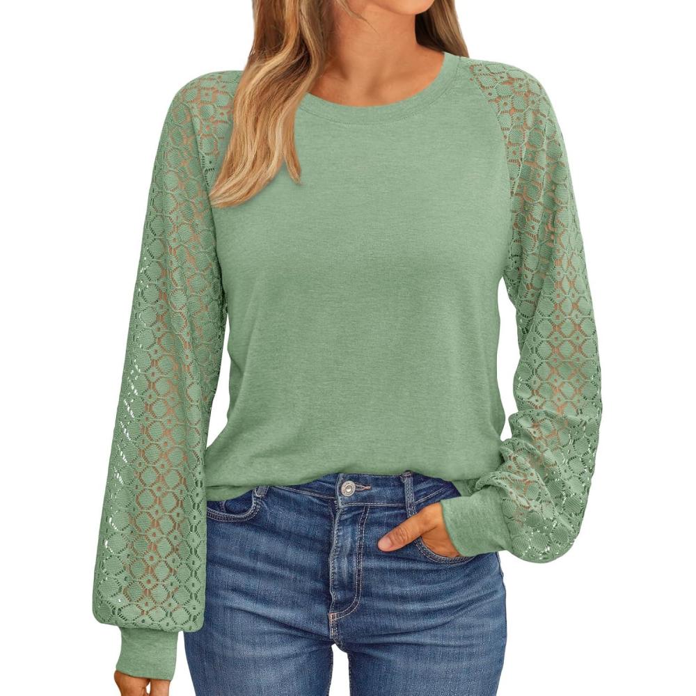 imageAUTOMET Womens Business Casual Dressy Tops Long Sleeve Lace Blouses Fall Fashion Outfits Shirts 2025 Crewneck Loose ClothesGreen