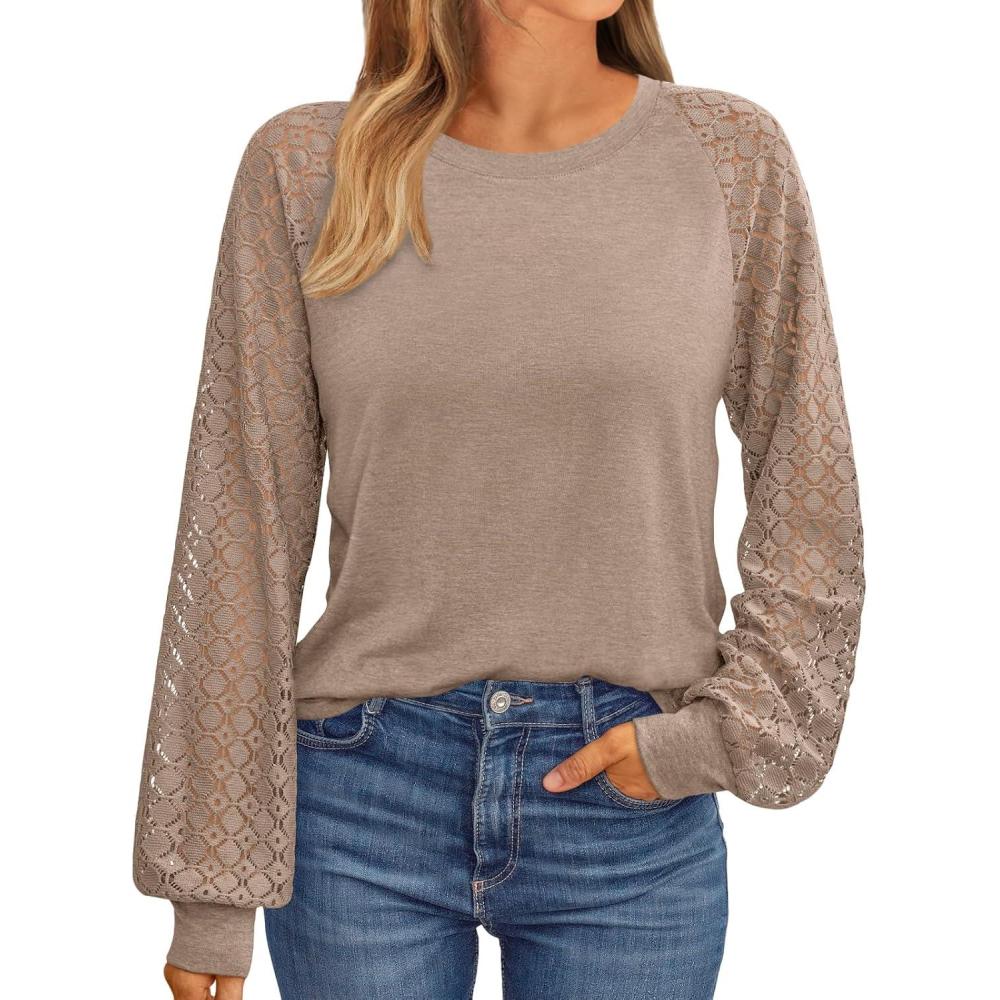 imageAUTOMET Womens Business Casual Dressy Tops Long Sleeve Lace Blouses Fall Fashion Outfits Shirts 2025 Crewneck Loose ClothesKhaki