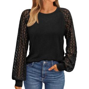 imageAUTOMET Womens Business Casual Dressy Tops Long Sleeve Lace Blouses Fall Fashion Outfits Shirts 2025 Crewneck Loose ClothesBlack