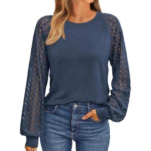 imageAUTOMET Womens Business Casual Dressy Tops Long Sleeve Lace Blouses Fall Fashion Outfits Shirts 2025 Crewneck Loose ClothesDarkblue